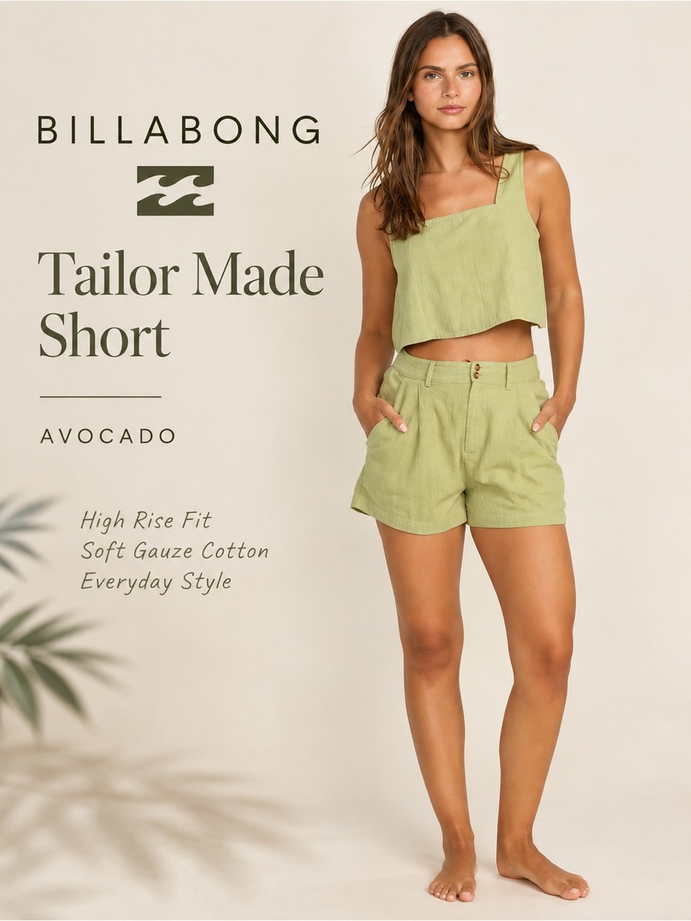 Billabong Tailor Made High Rise Shorts Avocado Green XS - Picture 1 of 12